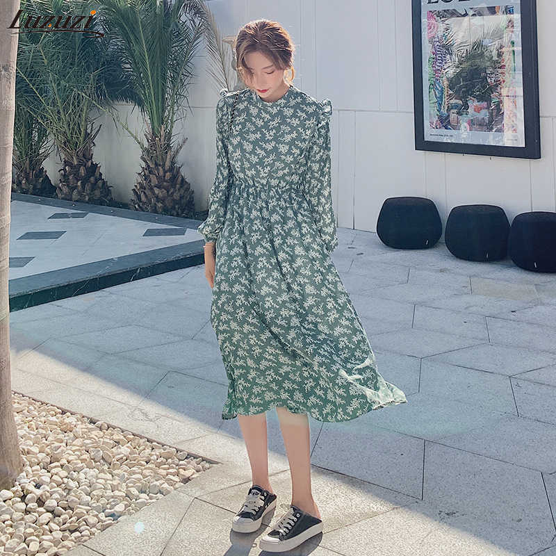 Elegant Stand Collar Ruffles Women Dress Full Sleeve Elastic Waist Female Chiffon