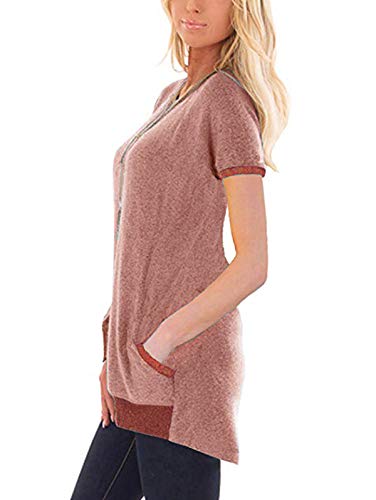 LANGREMON Womens Casual Color Block Short Sleeve Casual Crewneck Shirts Pockets Tunic Pullover Sweatshirt Blouse Tops