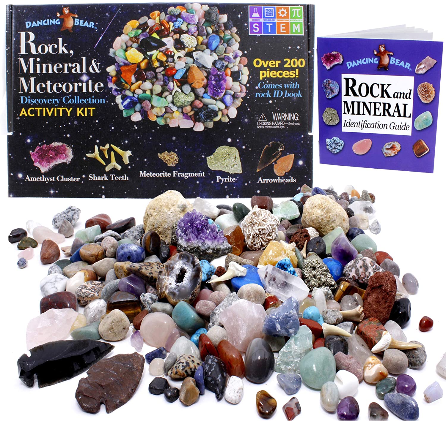 Dancing Bear Rock & Mineral Collection Activity Kit with Meteorite, Real Shark Teeth Fossils, Arrowheads, Crystals, Gemstones, Treasure Hunt ID Sheet, STEM Science Education, - (200 Pc Set)