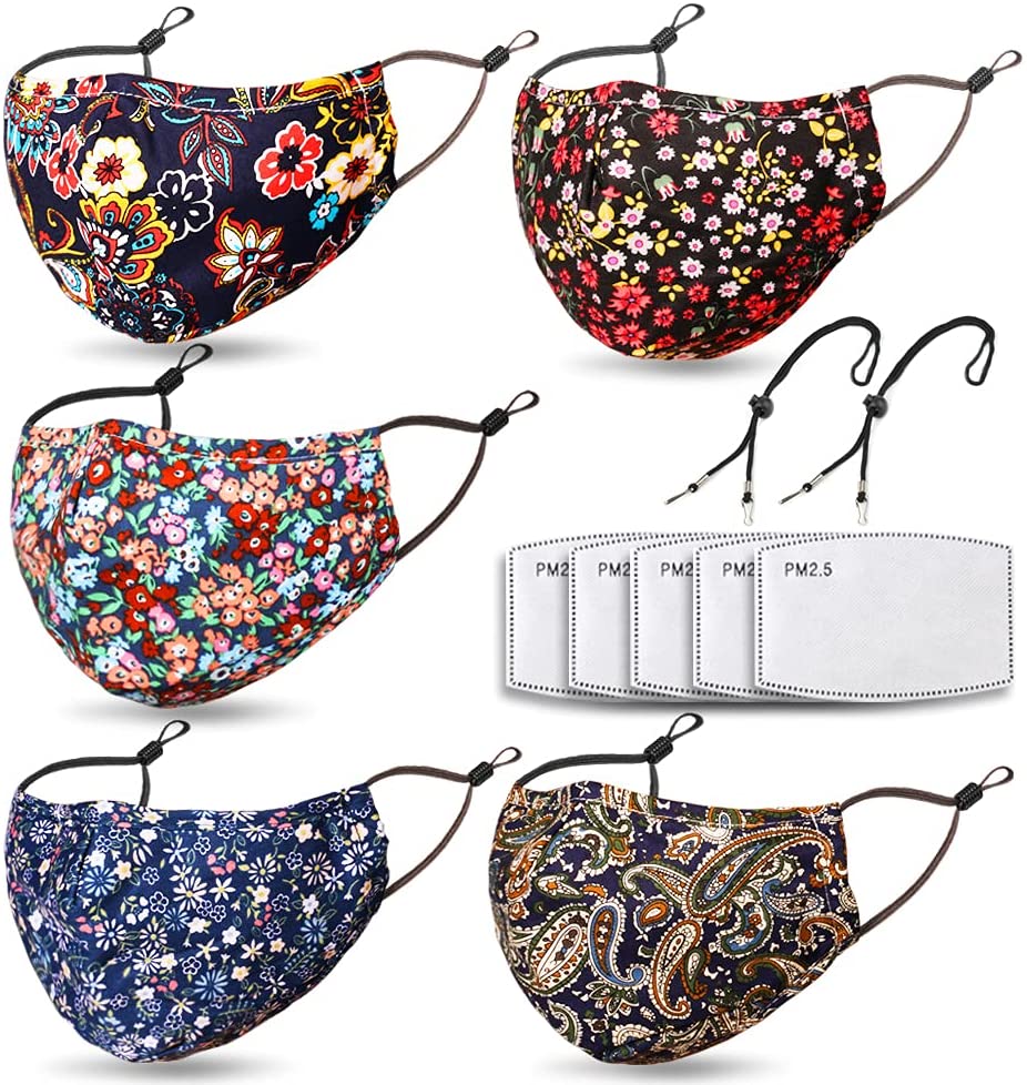 Adjustable Lanyards ,Breathable Face Mask for Women Build-in Nose Wire and Filter Pocket - Bohemian