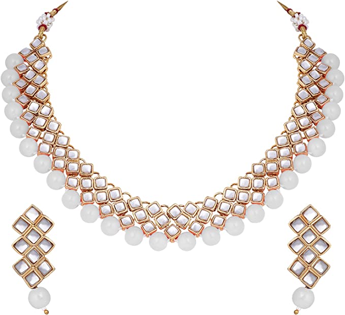 Aheli Kundan Pearl Necklace Earring Set Traditional Bollywood Wedding Engagement Party Jewelry for Women - White