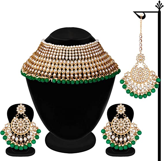 Aheli Wedding Designer Faux Kundan Pak Bridal Necklace with Maang Tikka Set - Golden