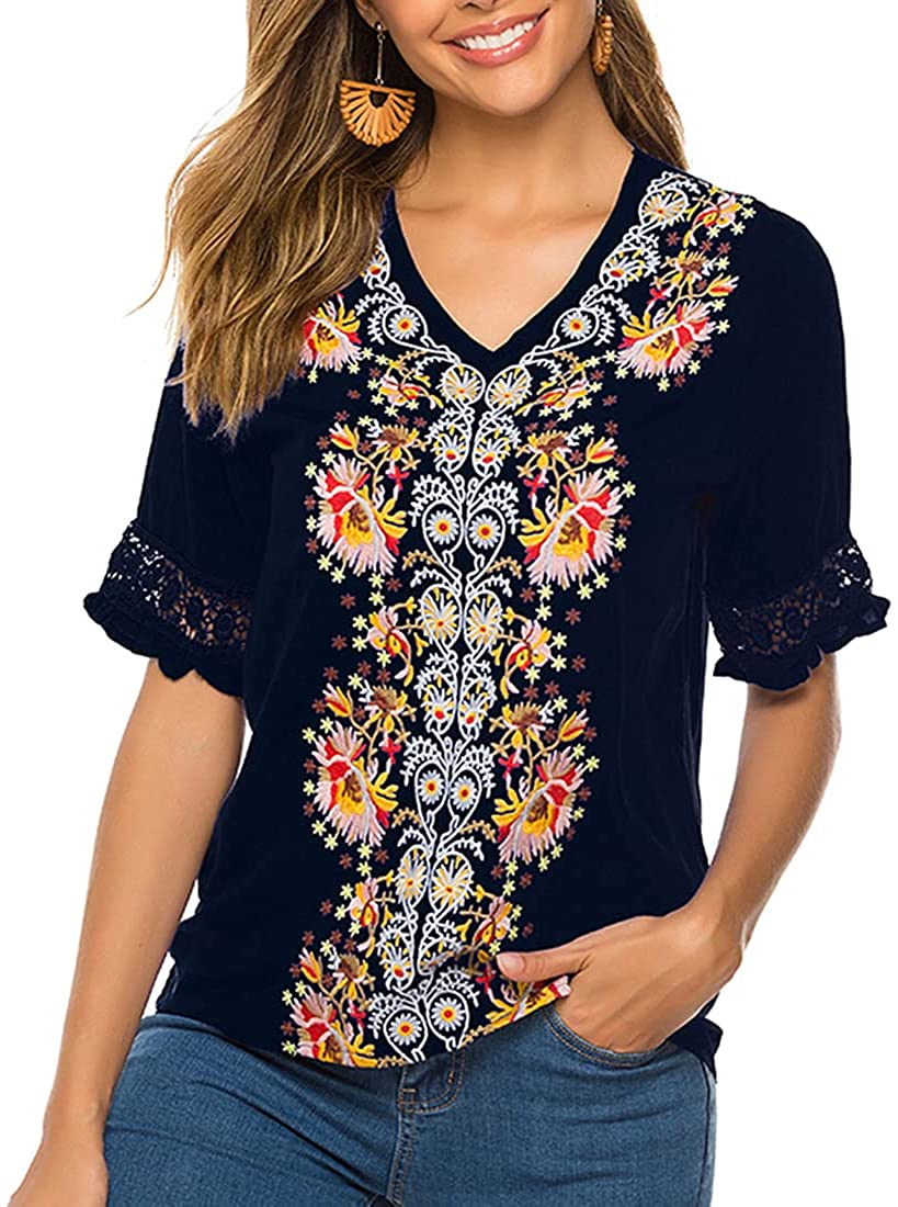 AK Women's Summer V Neck Boho Embroidered Mexican Shirts Short Sleeve Casual Tops Blouse