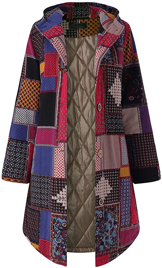 AKIMPE Women's Parka Winter Thickened Windproof Printed Shearling Hooded - Red