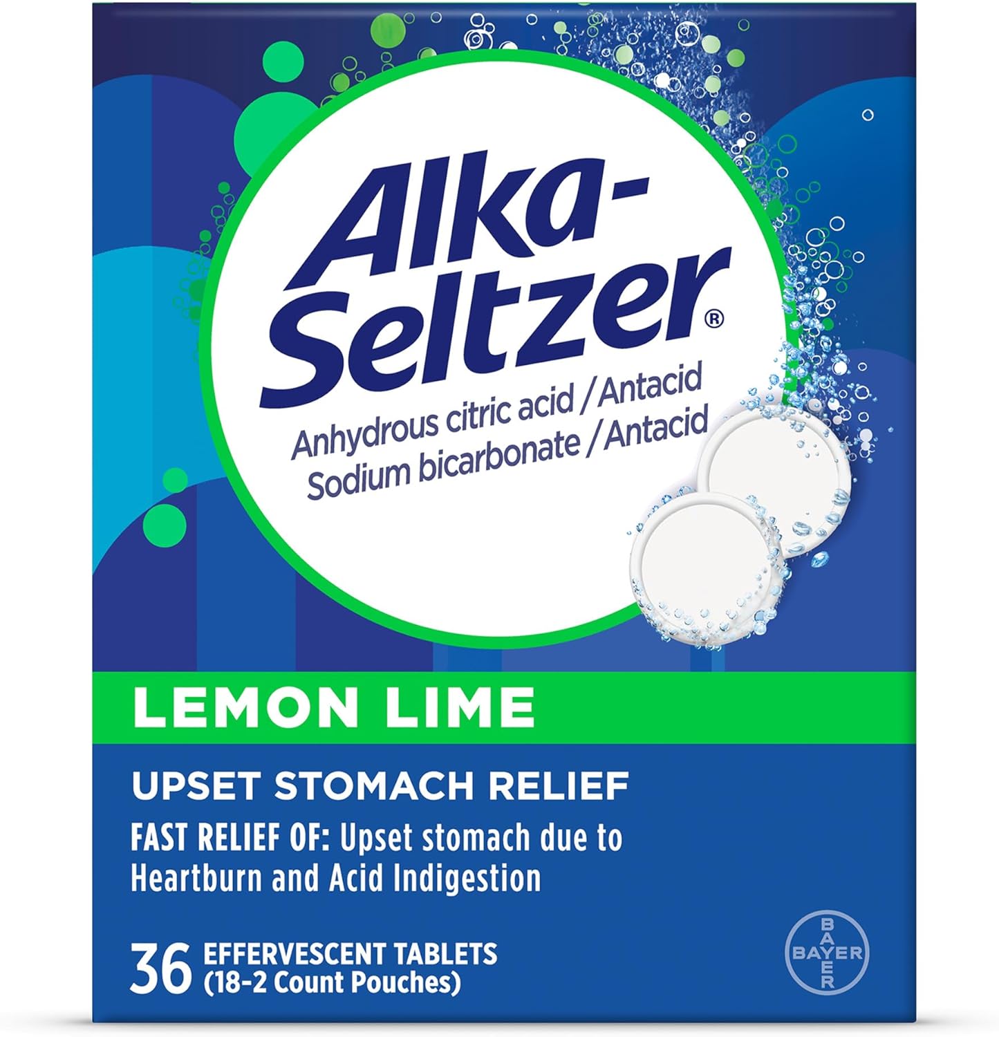 Alka-Seltzer Heartburn Relief Lemon Lime Effervescent Tablets - Fast 4-in-1, 36 Ct, Pack of 2