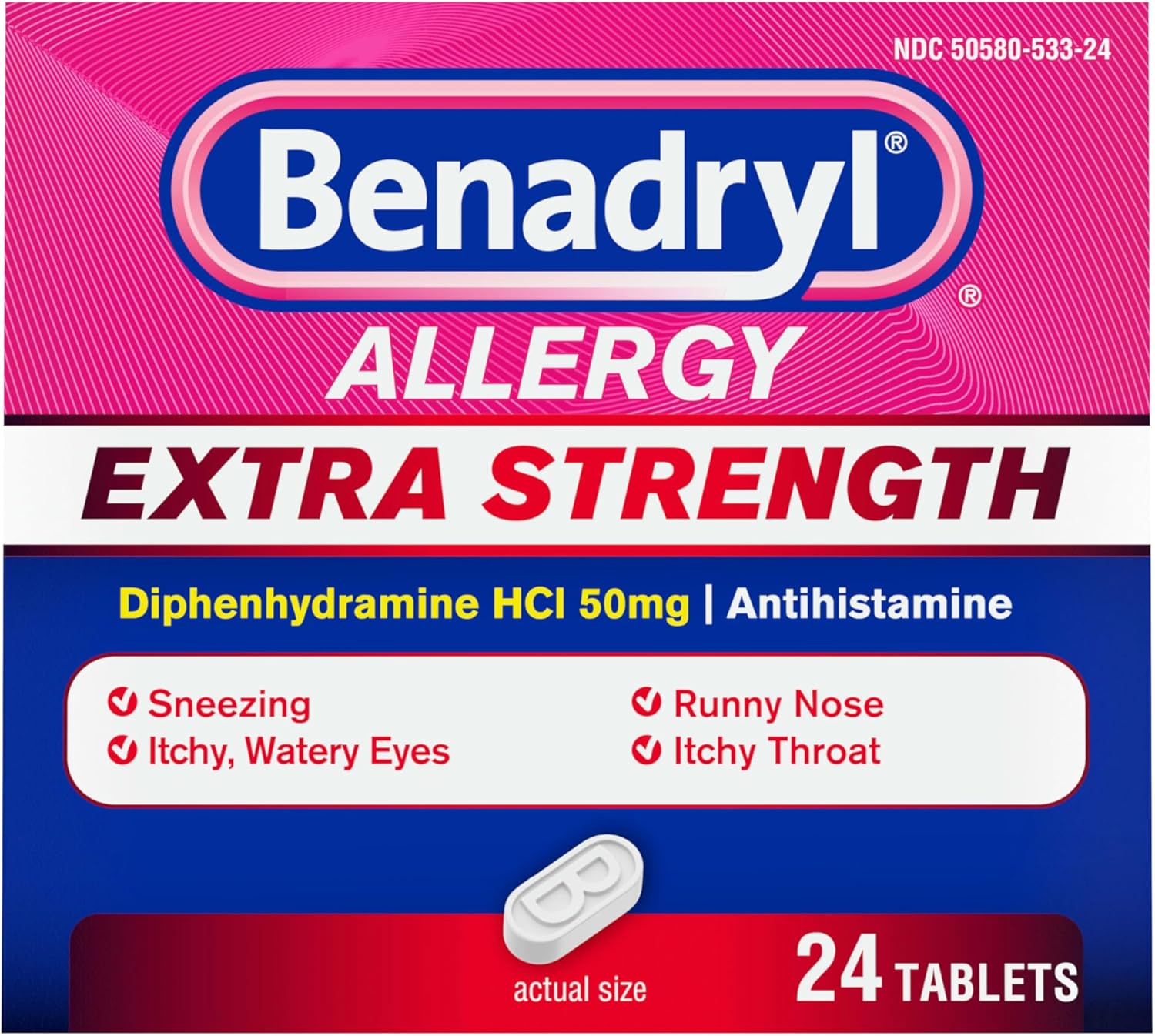 Benadryl Extra Strength Antihistamine Allergy Relief Medicine, 50 mg Diphenhydramine HCl Tablets for Relief of Allergy Symptoms, 24 Tabs