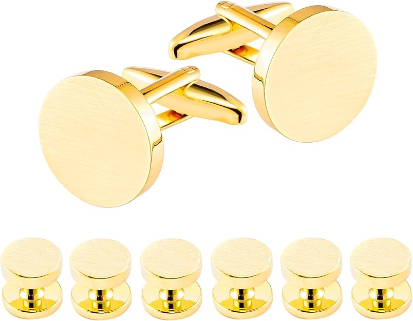 Stainless Steel Cufflinks & Tuxedo Shirt Studs Set for Men with Gift Box, Golden