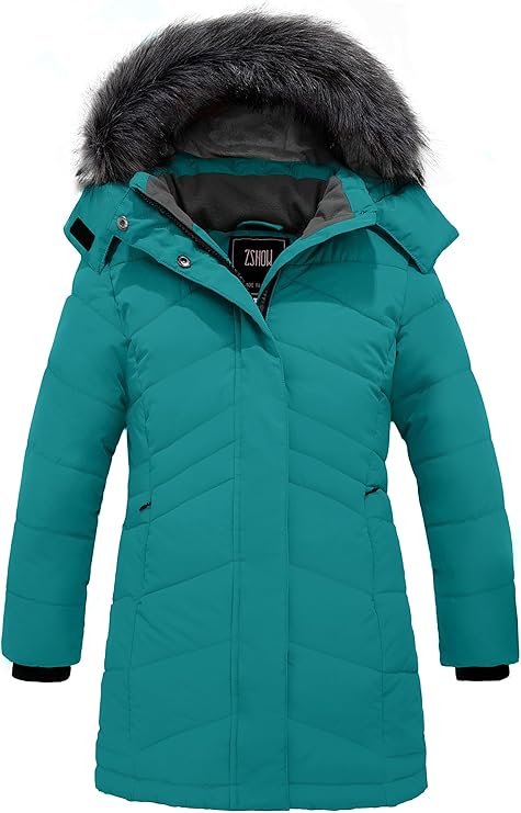 Girls' Winter Coat Insulated Long Parka Warm Hooded Puffer Jacket, Teal Blue