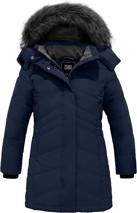 Girls' Winter Coat Insulated Long Parka Warm Hooded Puffer Jacket, Dark Blue