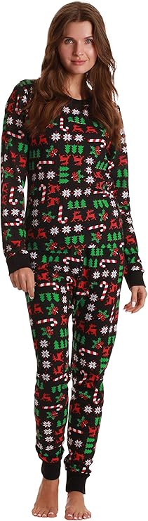 Just Love Women's Thermal Underwear Pajamas Set, Black - Holiday Mash Up, Medium Size