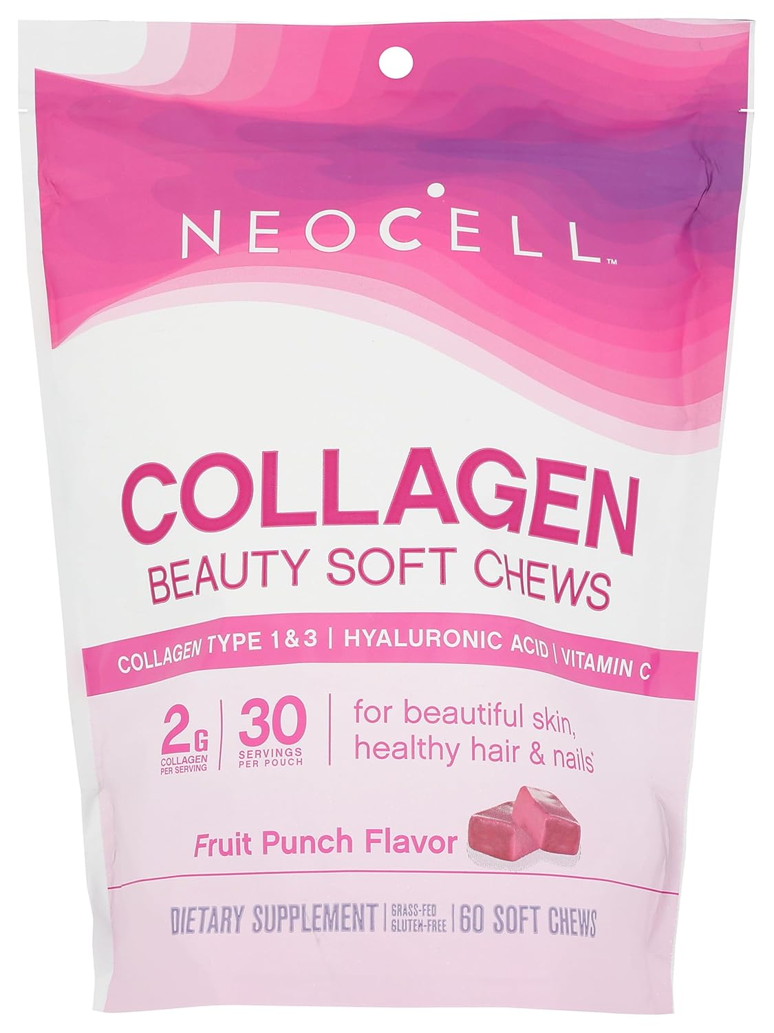 NEOCELL Fruit Punch Beauty Burst Collagen Chews, 2000 mg, 60 Soft Chews
