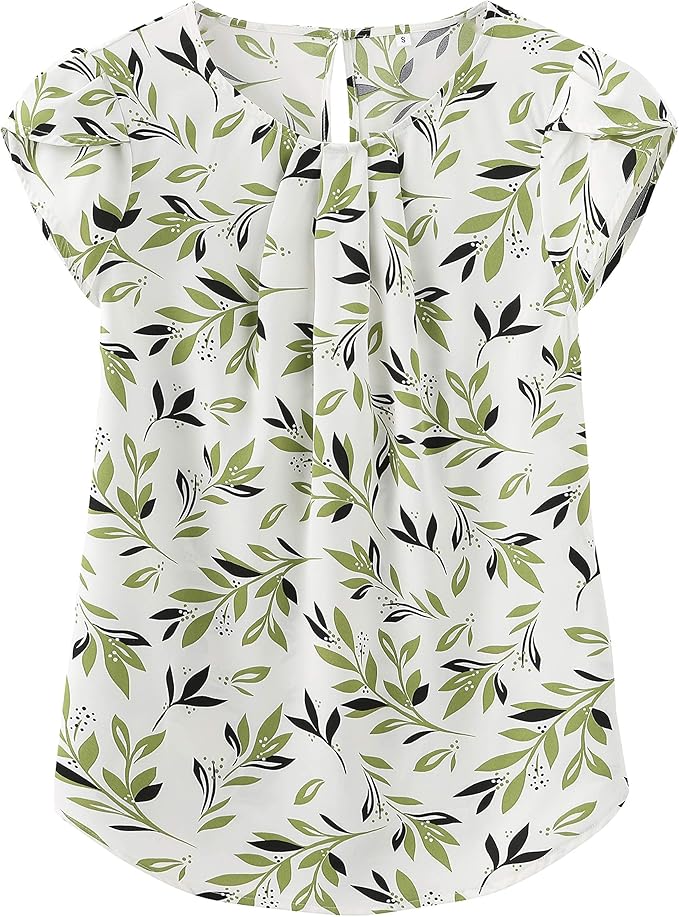 Women's Casual Round Neck Basic Pleated Top Cap Sleeve Curved Keyhole Back Chiffon Blouse, (XL, Light Green)