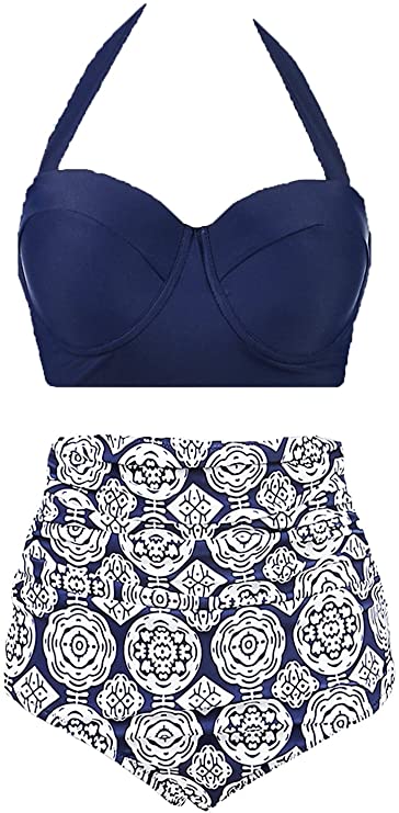 AMOURRI Womens Vintage Polka Underwire High Waisted Swimsuit Bathing Suits Bikini, Navy Bule