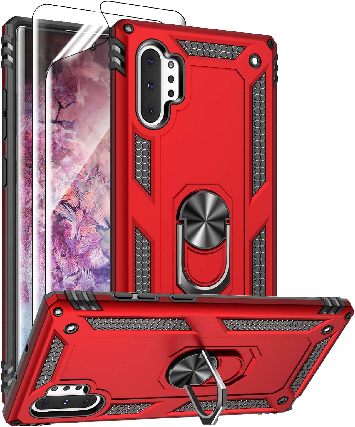 Androgate for Samsung Galaxy Note 10 Plus Case with HD Screen Protectors, Military-Grade Metal Ring Holder Stand Drop Tested Shockproof Cover Case - Red