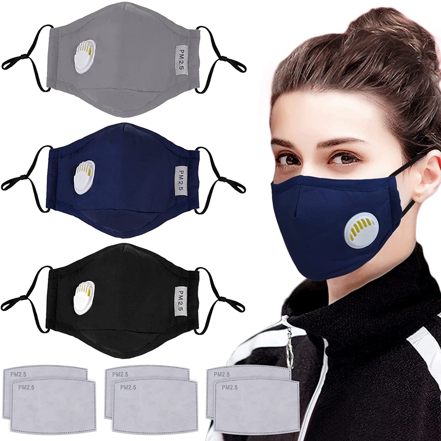 Aniwon Anti Dust Pollution Face Mask with 6 Pcs Activated Carbon Filter, Pack of 3, (Grey, Blue, Black)