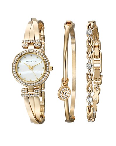 Anne Klein AK/1868GBST Crystal Accented Bangle Watch + Bracelet Set (Mother‑of‑Pearl Dial) — Premium Imported Gift Set for Women