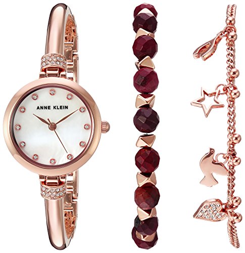 Anne Klein Women's AK/2840RJAS Premium Crystal Accented Rose Gold-Tone Bangle Watch and Red Jasper Beaded Bracelet Set