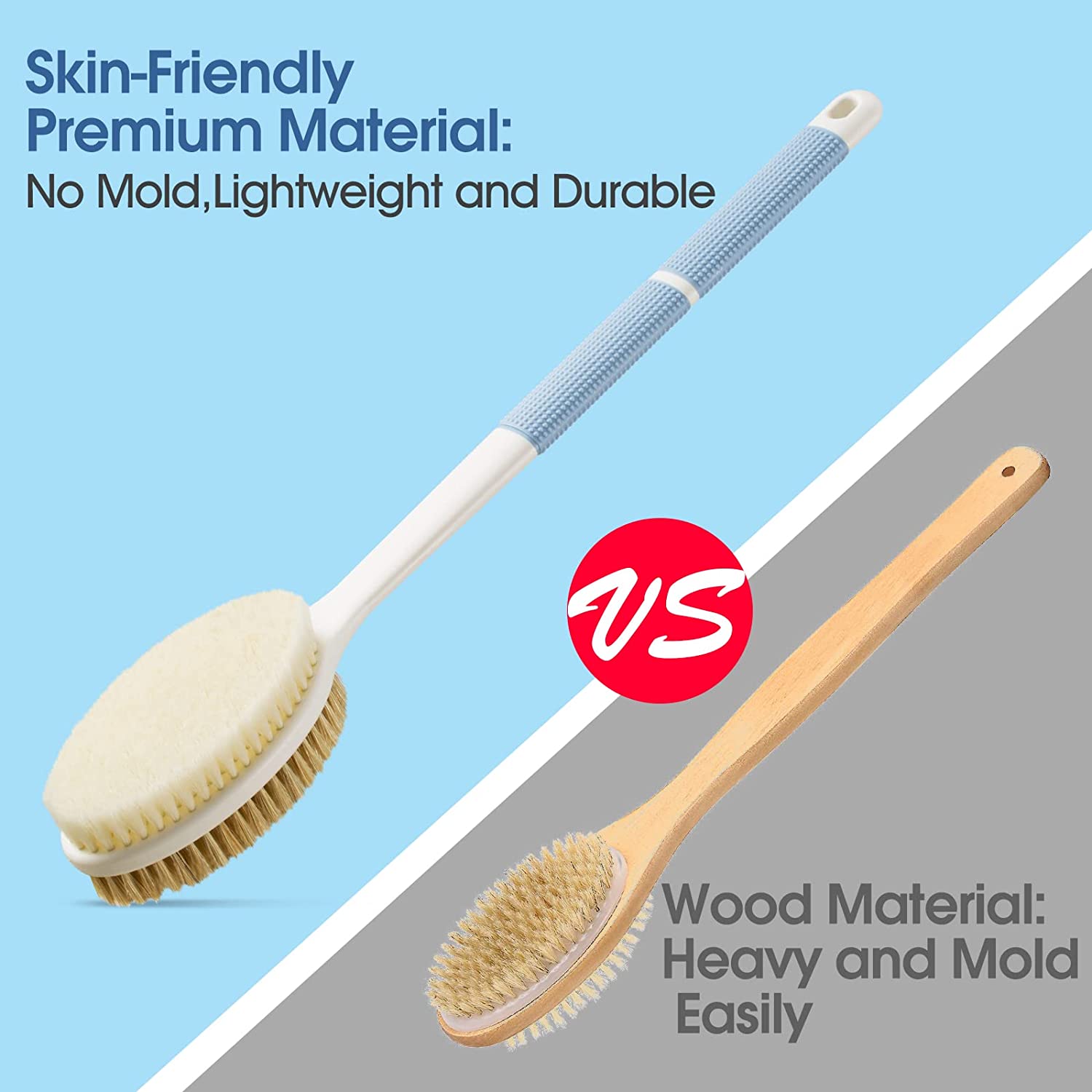 Anti-Slip Back Scrubber for Shower | Long Handle Back Brush with Stiff and Soft Bristles | Body Exfoliator for Bath, Blue