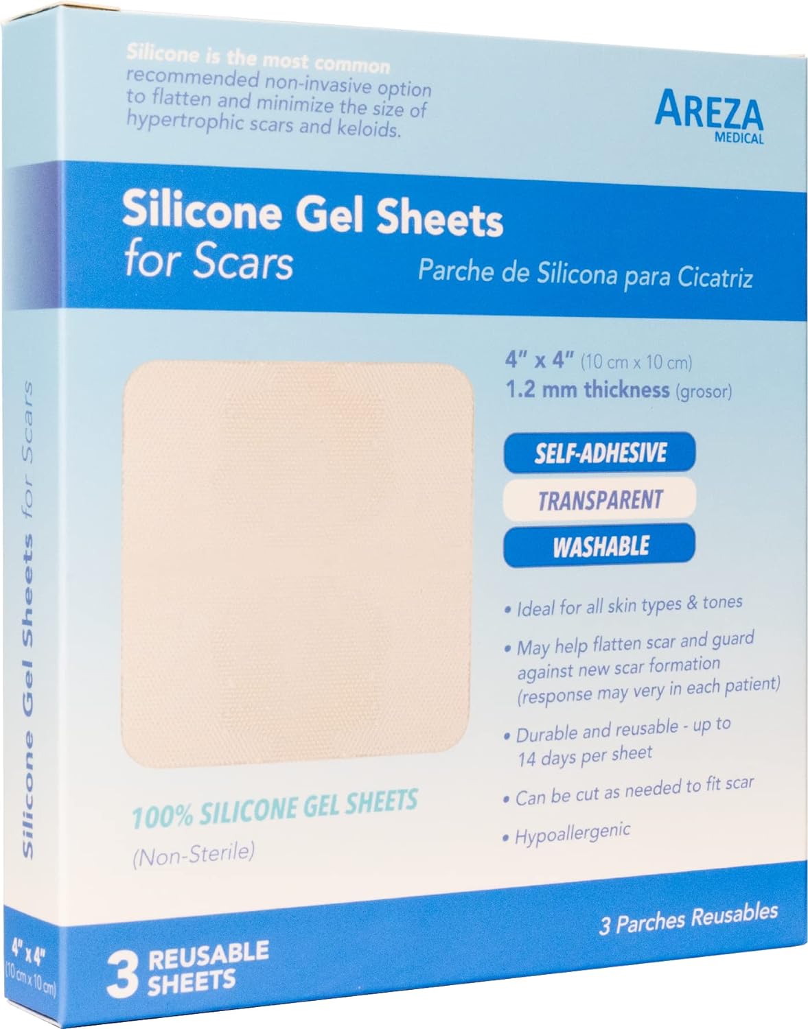 Areza Medical Silicone Gel Sheets for Scars, 4" x 4", 3 Sheets per Box, Medical Grade Silicone Scar Treatment Sheets with Adhesive Soft Fabric Backing, Reusable and Washable, FDA-Cleared