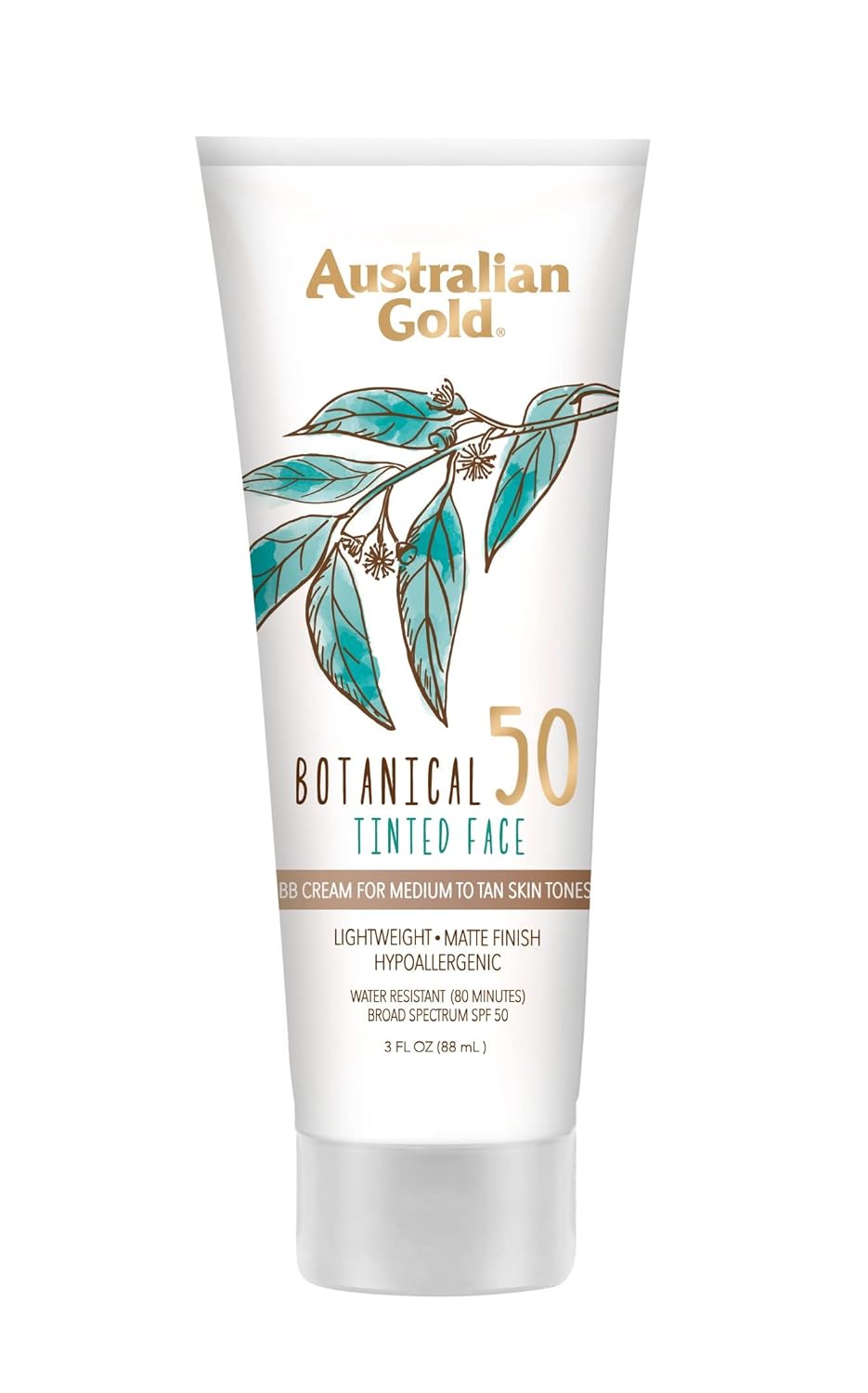 Australian Gold Botanical SPF 50 Tinted Mineral Sunscreen for Face - 3 fl oz, Non-Chemical BB Cream, Water-Resistant, Matte Finish for Sensitive Skin & Medium-Tan Tones
