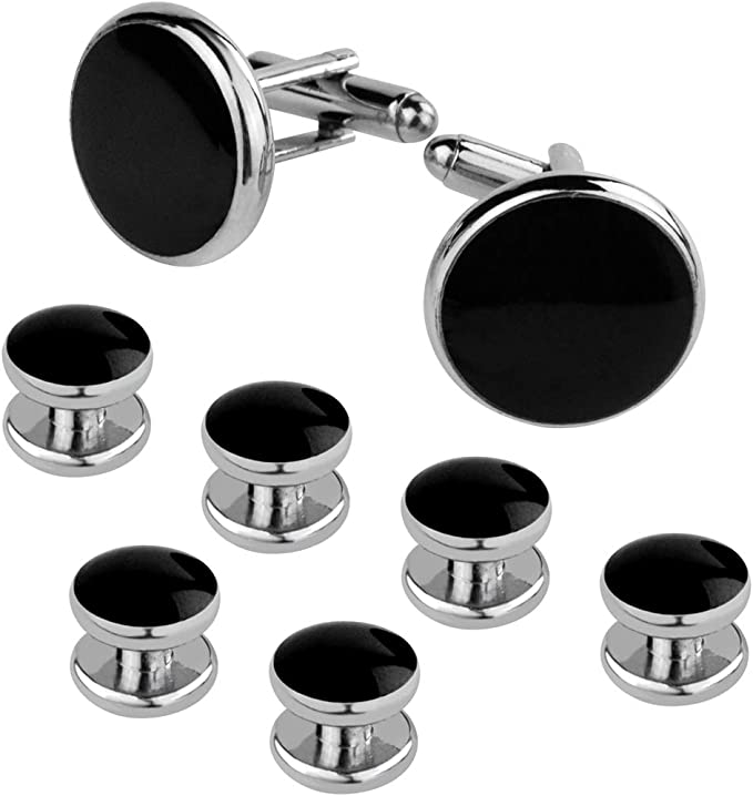 Tuxedo Studs and Cufflinks Set – Men’s Black & Silver Stainless Steel Cufflinks and Stud Buttons with Elegant Gift Box for Weddings, Business & Formal Events