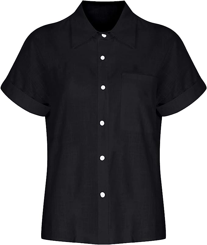 Summer Button Down Shirts for Women, Casual Linen Collared T Shirts, Loose Dressy Solid Cute Tees - XL, Black