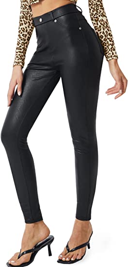 BVTOEWY Faux Leather Leggings for Women Black Stretch Skinny High Waisted Leather Pants with Pockets - Black