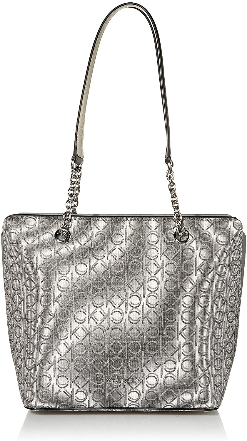 Calvin Klein Hailey Signature Top Zip Chain Tote - Grigio/Ivory