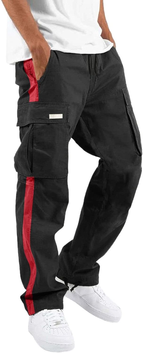 Men's Motorbike Casual Pant, Relaxed-fit Carpenter Pants Solid Cargo Pants Open Bottom Sweatpants, Red Strip Black Pant
