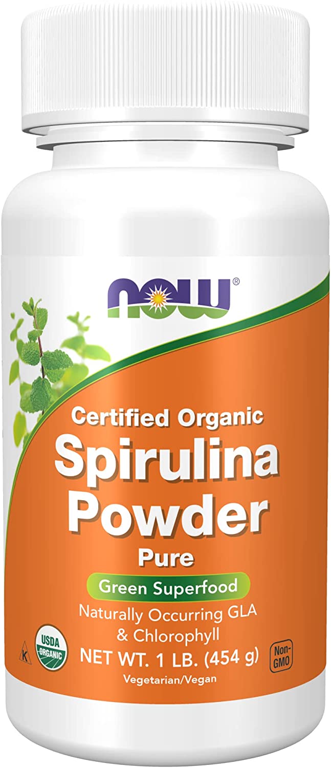 NOW Supplements Organic Spirulina Powder,Rich in Beta-Carotene (Vitamin A) and B-12 with GLA & Chlorophyll, 1-Pound