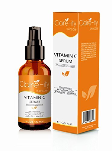 Claire-ity 25% Vitamin C Serum with Hyaluronic Acid and Vitamin E, Organic Topical Anti-Aging Moisturizing Facial Serum for Face & Neck - 1.0 Fl.Oz (30ml)