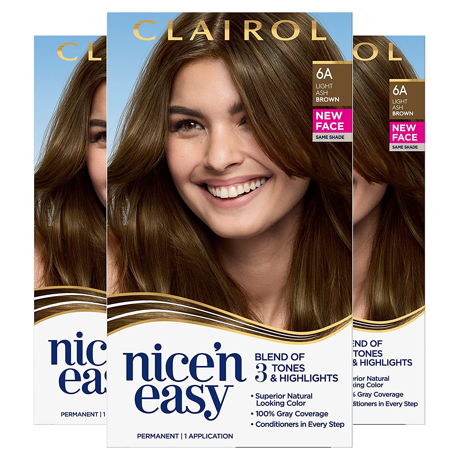 Clairol Nice  n Easy, 6A/114 Natural Light Ash Brown, Permanent Hair Color, 1 Kit (Pack of 3)