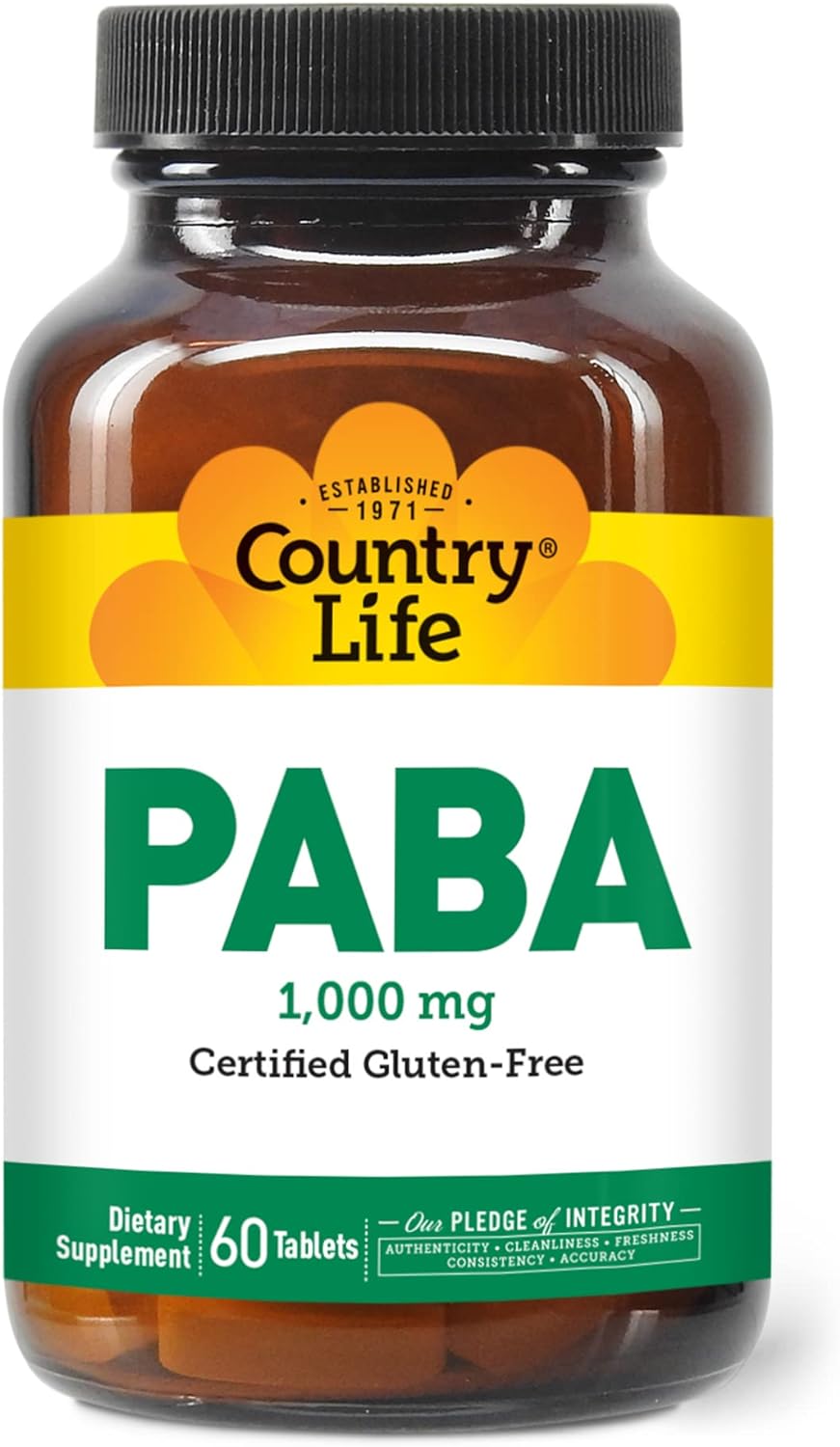 Country Life PABA 1000mg Certified Halal, Gluten-Free and Vegan Supplement for Adults Restoring Hair Color, 60 Tablets