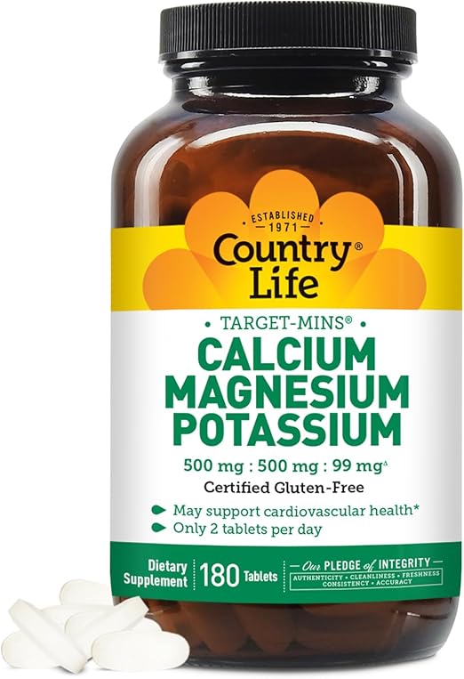 Country Life Target Mins Calcium Magnesium Potassium 500mg/500mg/99mg 180-Tablet