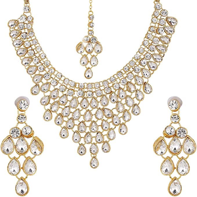 Crystal Rhinestone Choker Neckalce Earrings Maangtikka Wedding Bridal Jewelry Set for Women and Girls - Style-1