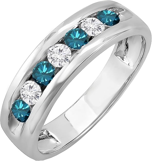 Dazzlingrock Collection 0.85 Ct Tw 14K Solid White Gold Men's Ring - Round White & Blue Diamond Anniversary Wedding Band (Size 7-14) | USA/UK Imported via Amazon Pakistan