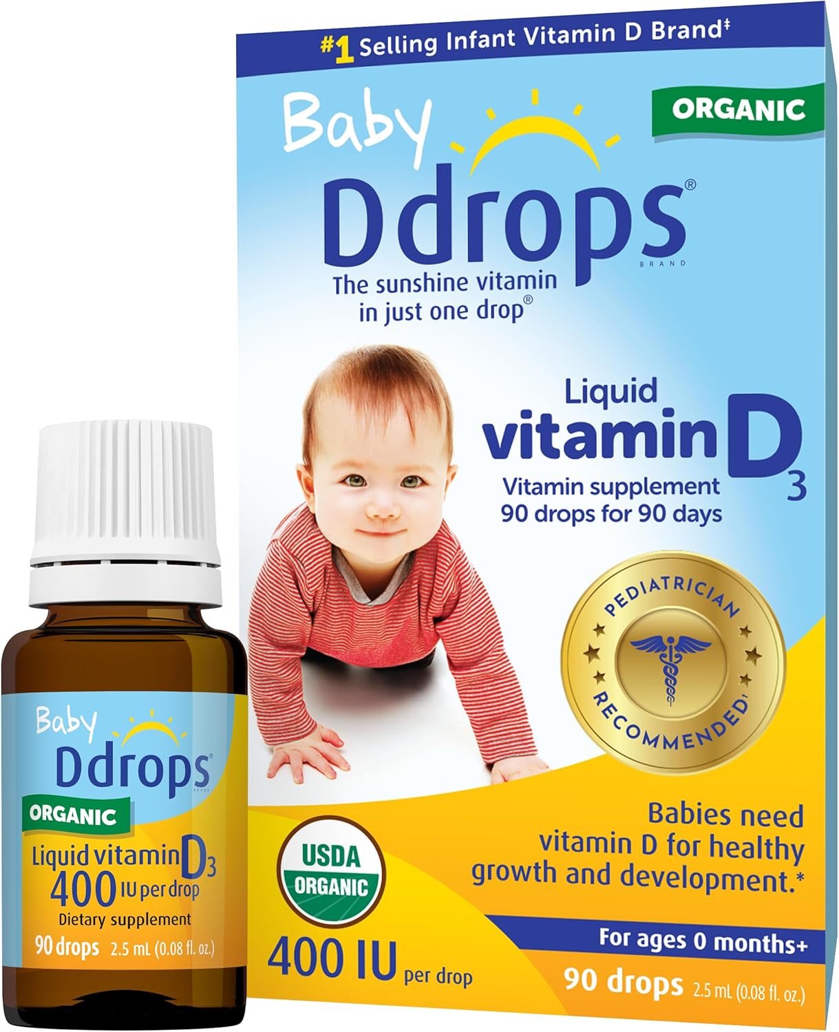Ddrops Baby Vitamin D3 400 IU Liquid Drops (2.5mL, 90 Drops) | Imported USA Formula for Infant Health