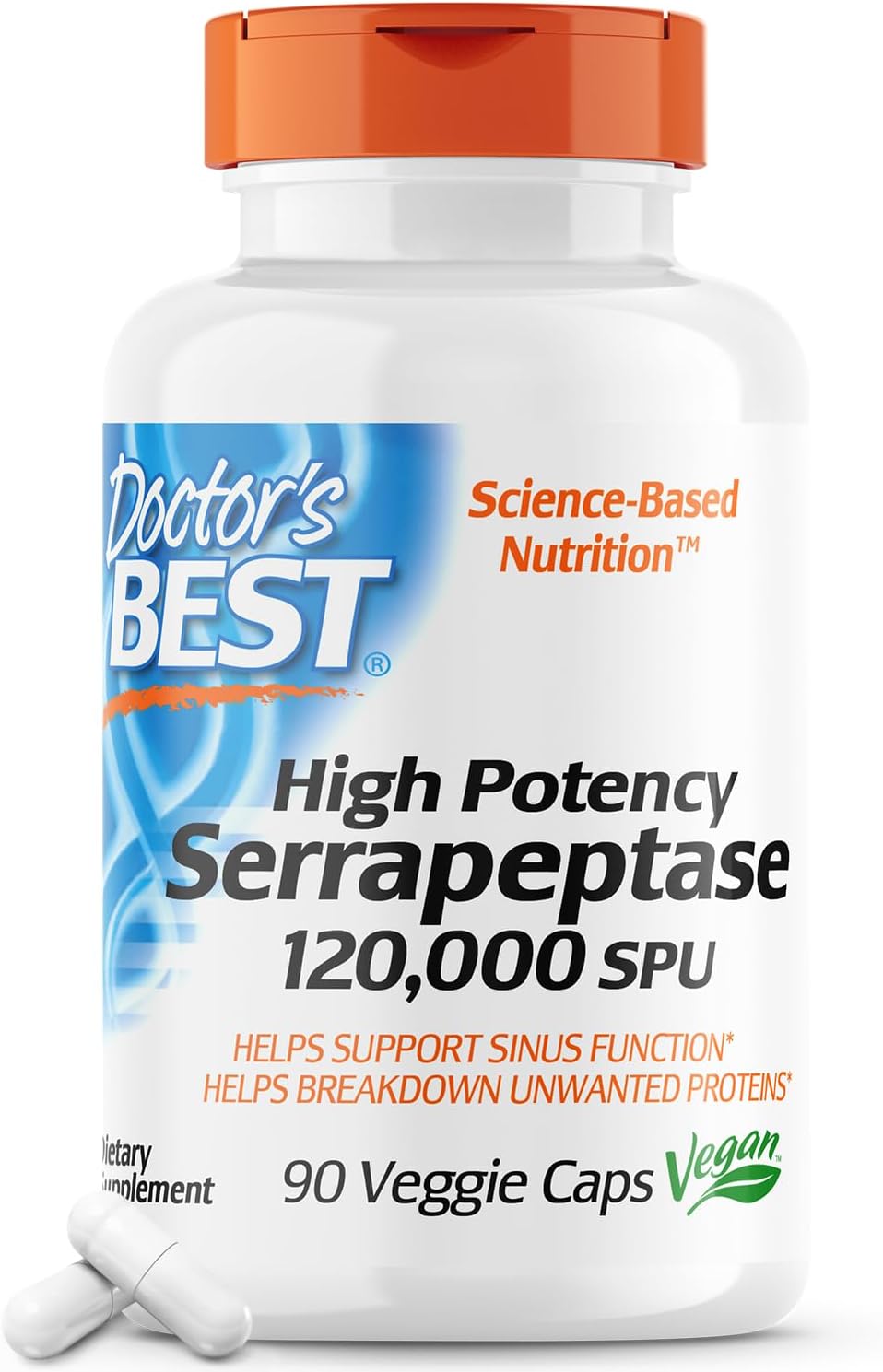 Doctor s Best High Potency Serrapeptase, Non-GMO, Gluten Free, Vegan, Supports Healthy Sinuses, 120,000 SPU, 90 Veggie Caps