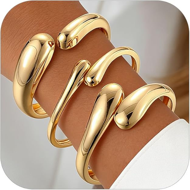 Dodder Chunky Gold Bangle Bracelets for Women – 14K Gold Plated, Imported Stackable Cuff Set (3 Pairs, Premium Gift Choice)
