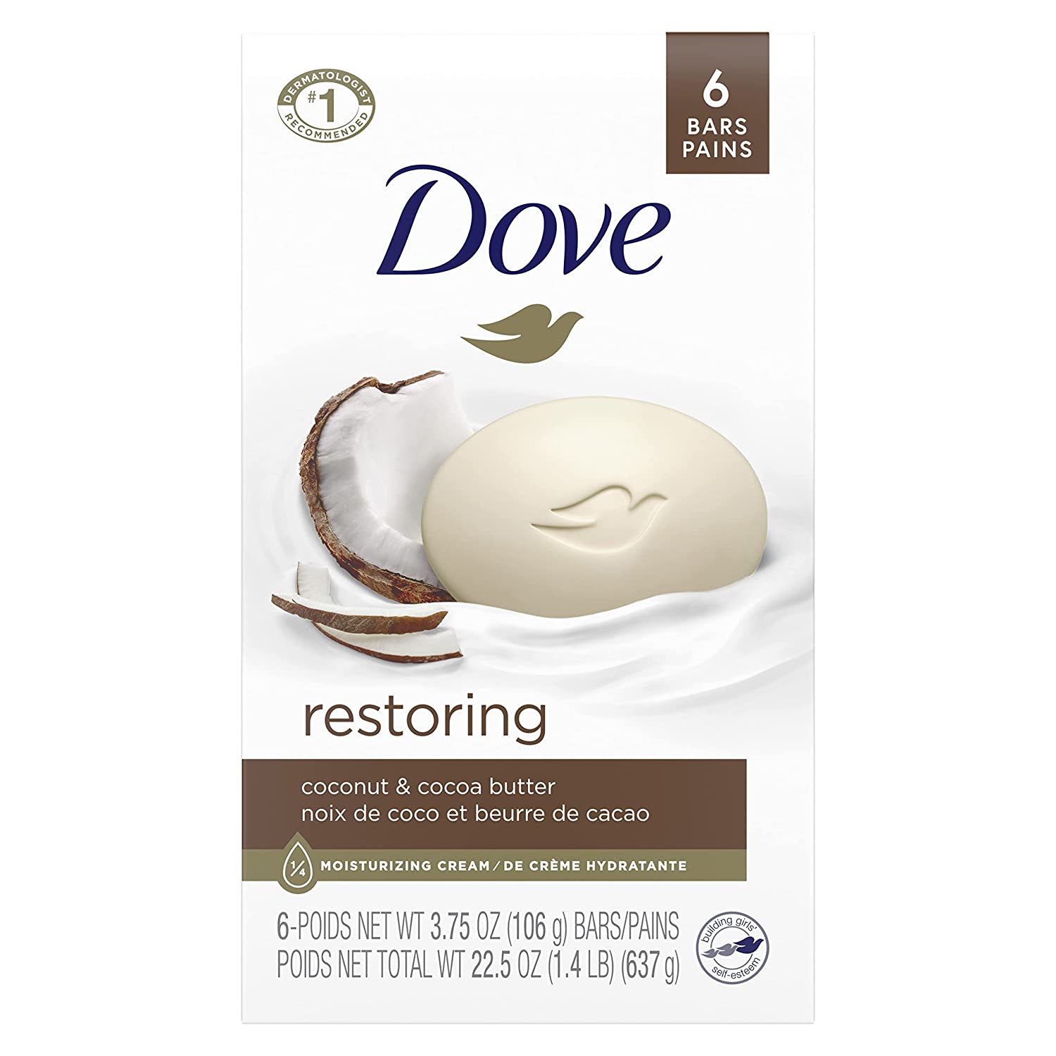 Dove Beauty Bar Soap Restoring Coconut & Cocoa Butter - 6 Count Pack for Deeply Nourished and Restored Skin - 3.75 oz Each