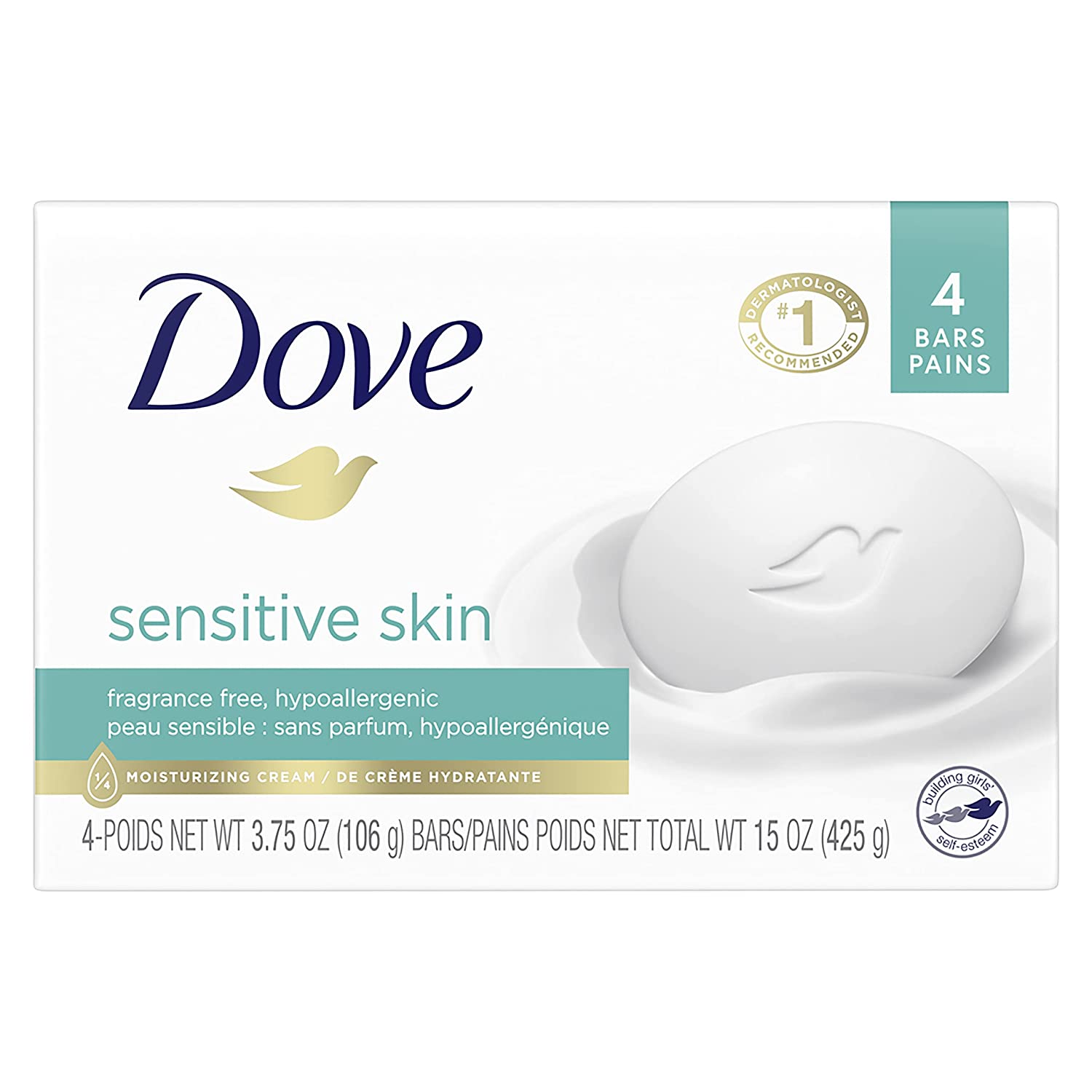 Dove Beauty Bar Soap Sensitive Skin - 4 Pack Fragrance Free & Hypoallergenic Bars for Gentle Cleansing - 3.75 oz Each