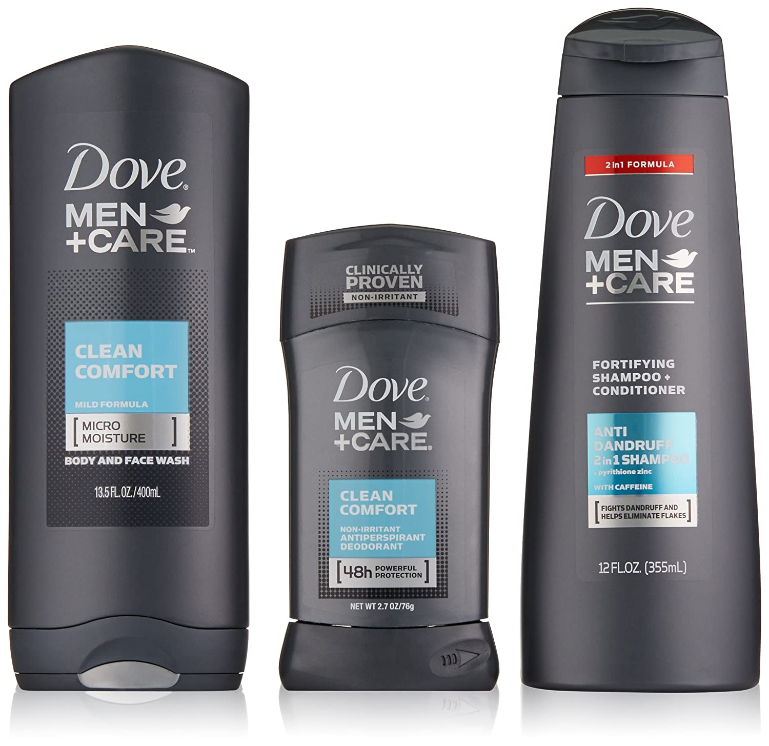DOVE MEN + CARE Limited Edition Gift Pack Body Wash, Antiperspirant, and Shampoo+conditioner, 3 Ct -20 Oz (822g)