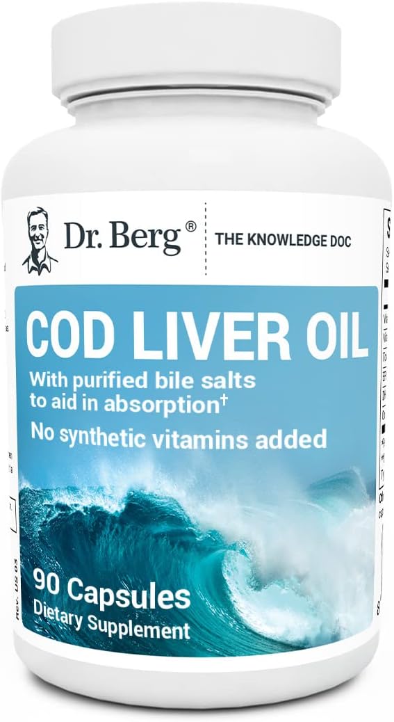 Dr. Berg's Cod Liver Oil - Source of Omega-3 Fatty Acids, Vitamins A & D Support Heart, Brain, Eye, Skin and Immune Health - Natural Fish Oils Supplements - 90 Capsules