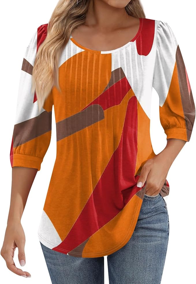 Women's Summer Puff 3/4 Sleeve Tops - Trendy Stripe Printed Pleated Blouses