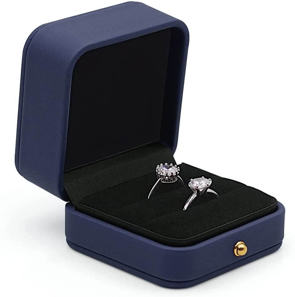 Dusty Blue, Square Leather Velvet Jewelry Ring Bearer Box, Premium Gorgeous Vintage Double Slots Ring Box for Proposal, Ceremony, Anniversary, Gift