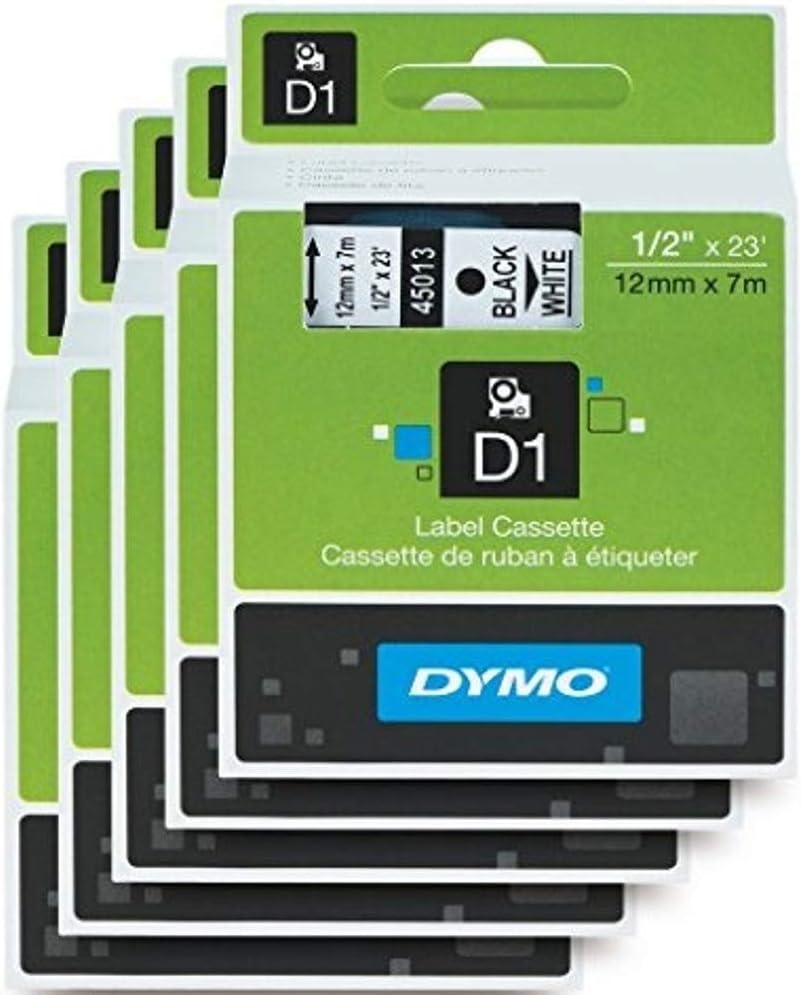 DYMO Standard D1 Labeling Tape for LabelManager Label Makers, Black print on White tape, 1/2   W x 23  L, 1 catridge (45013) 5 PACK