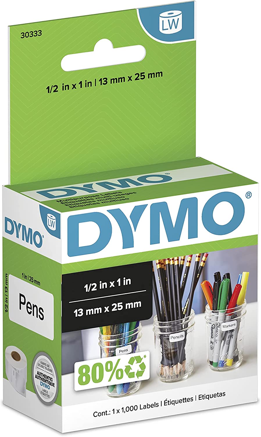 DYMO (30333) LW Extra-Small Multi-purpose Labels for LabelWriter Label Printers, White, 1/2   x 1 - 1 Roll of 1,000