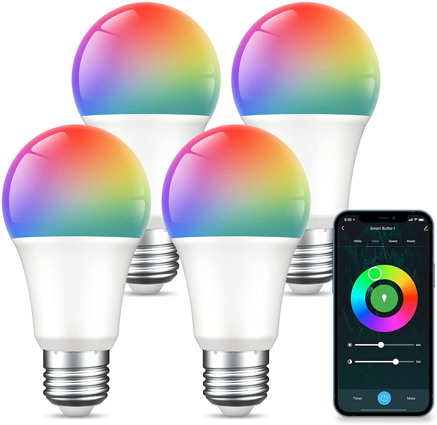 E26 Smart Color Changing Alexa Light Bulbs, Wi-Fi Light Bulb, A19 8W Smart LED Bulb 800 Lumens, Pack of 4 Blubs