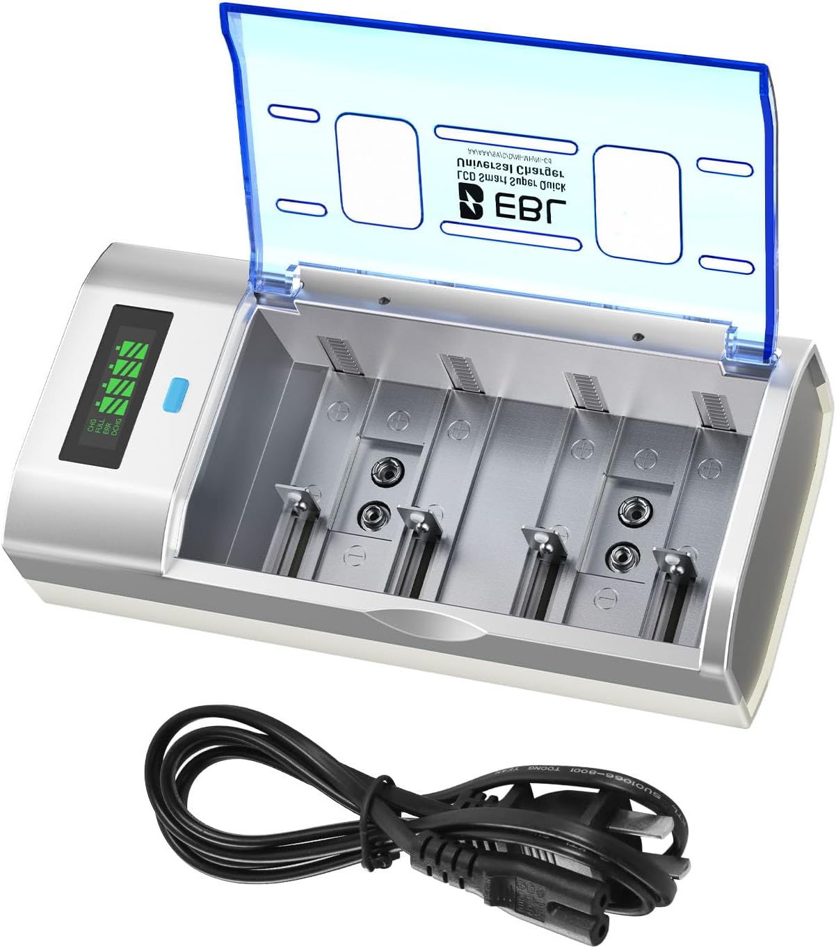 EBL Universal Smart Battery Charger with LCD Display & Discharge Function – Charges AA, AAA, C, D & 9V Batteries