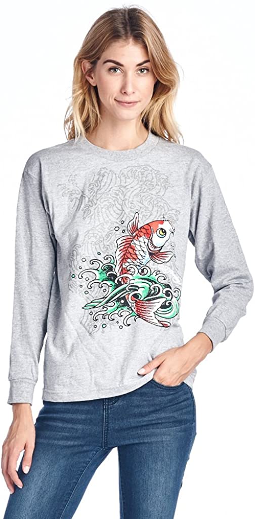 Ed Hardy Big Girls Juniors T Shirt Long Sleeve Koi Fish Print Gray Medium